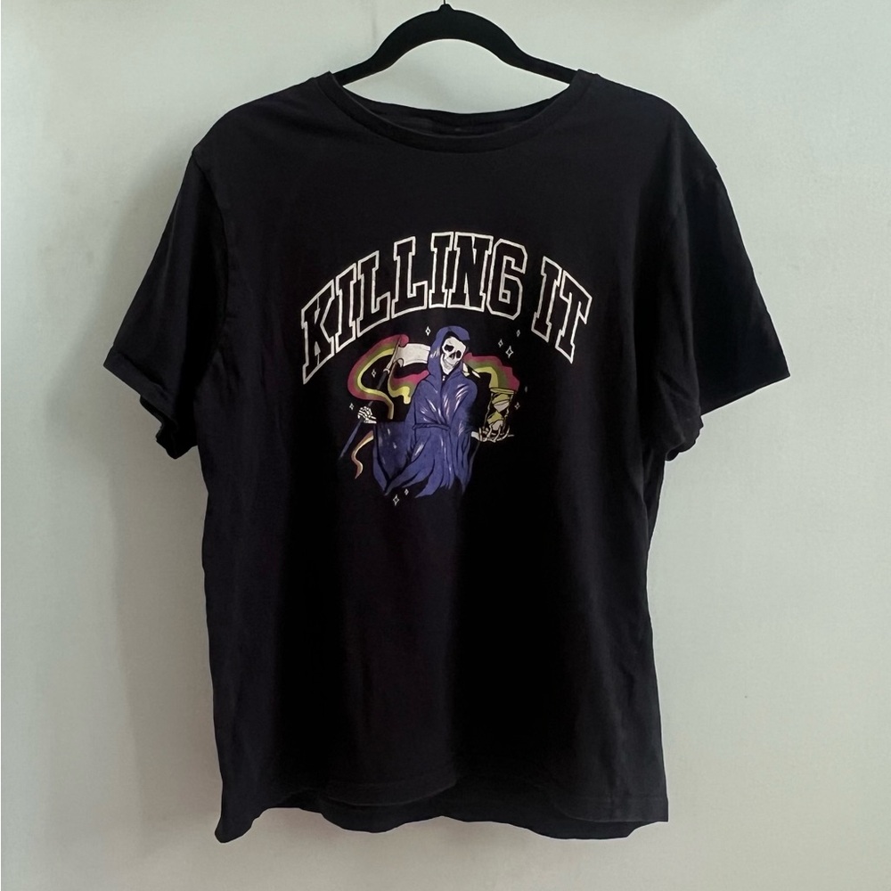 Black Graphic Tee with Grim Reaper Design